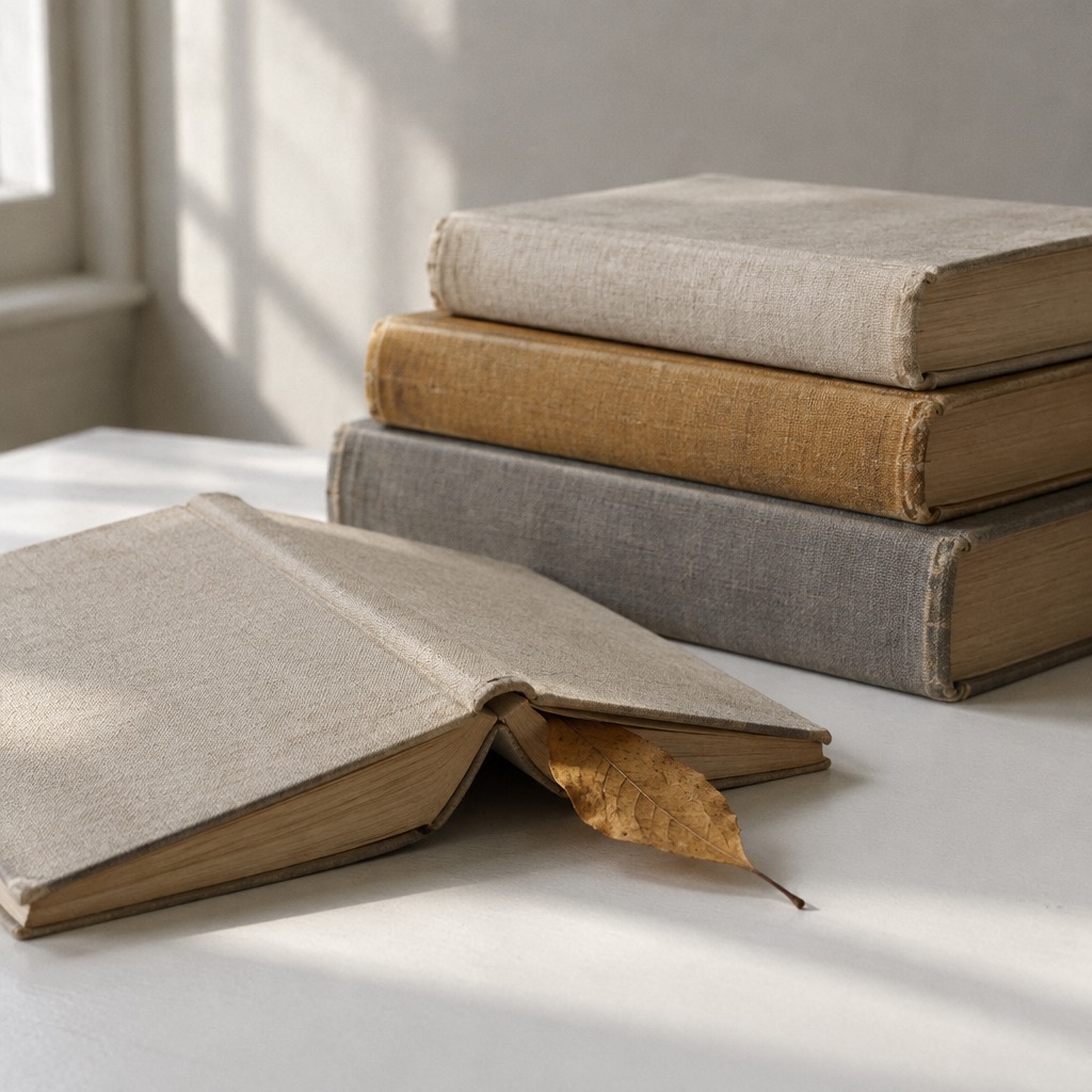 A small stack of worn hardback books, one open face down, in raking window light