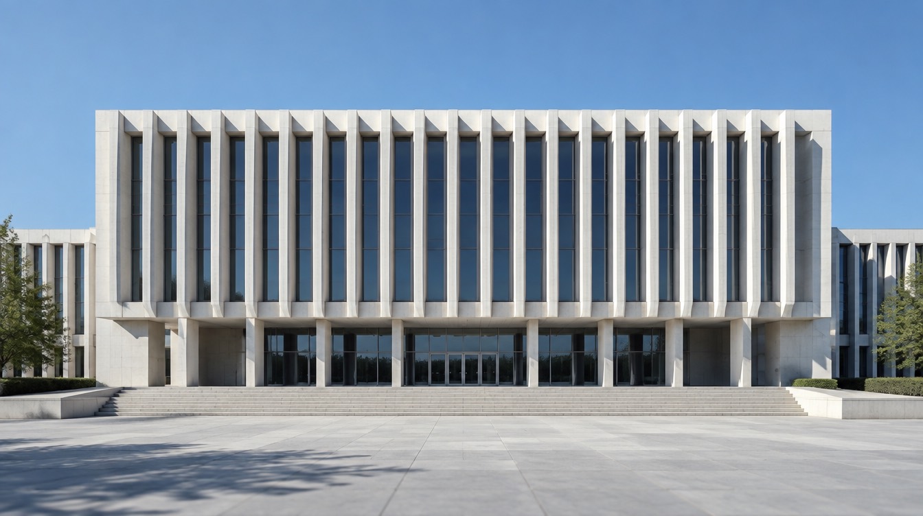 A modernist civic building facade in bright daylight, repeating concrete fins