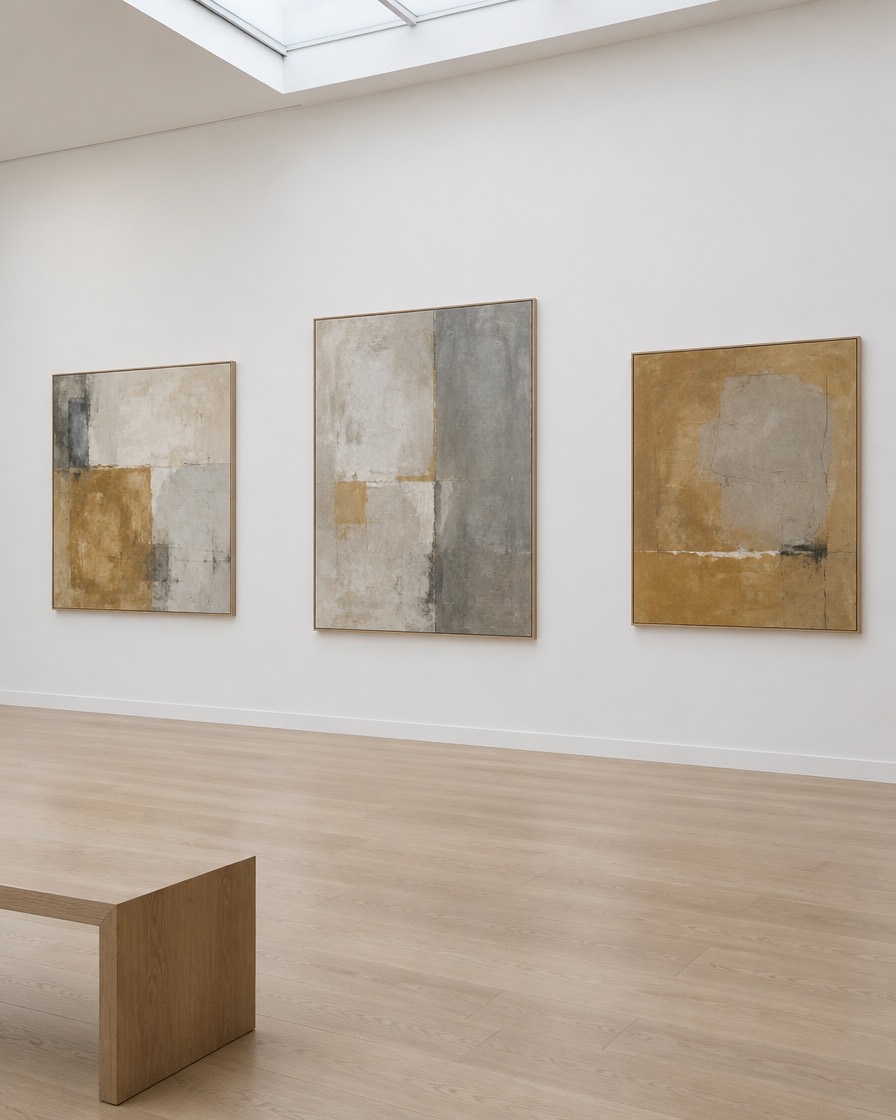 Three original paintings hung on a white gallery wall under a skylight