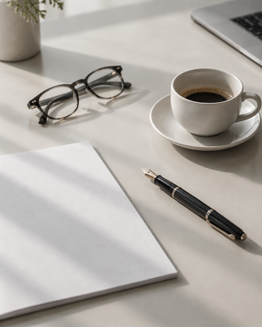 A meeting table still life: a document face down, a fountain pen, folded glasses, black coffee
