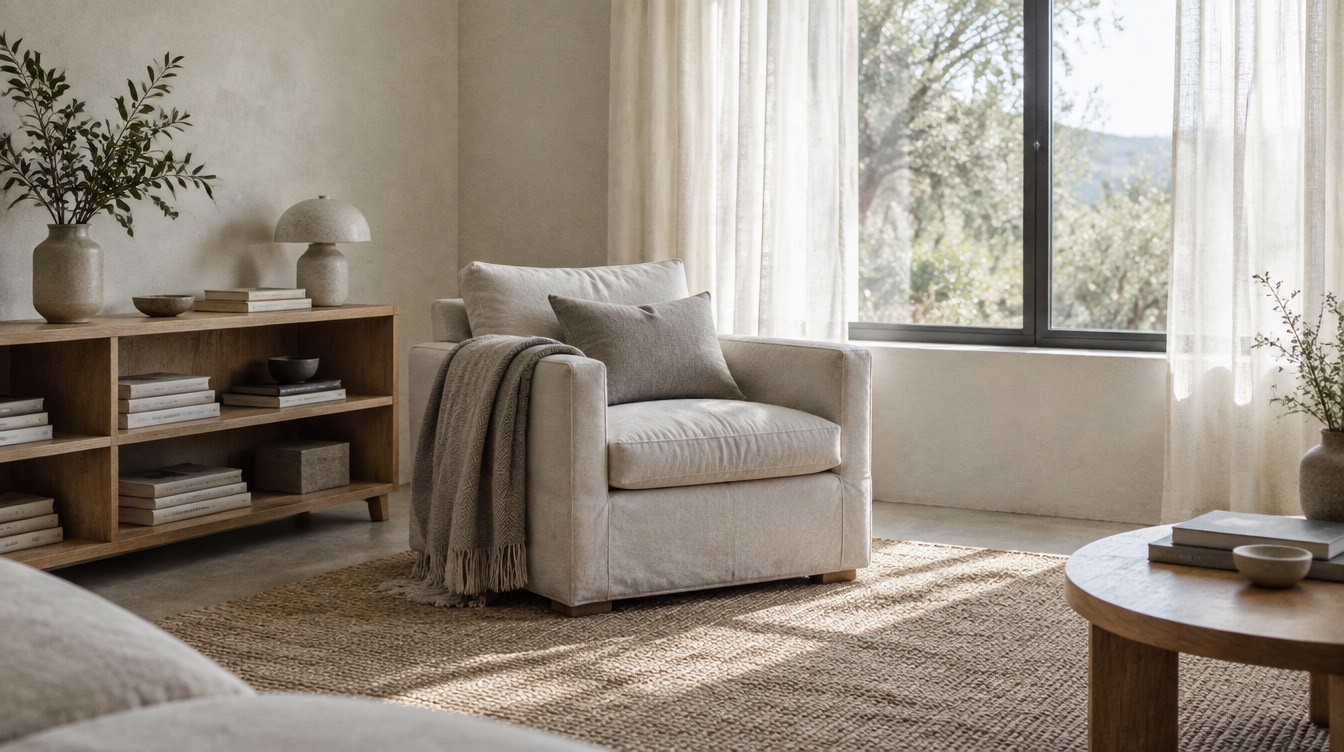 A light-filled room built for focus: linen chair, low oak shelf, sheer curtains