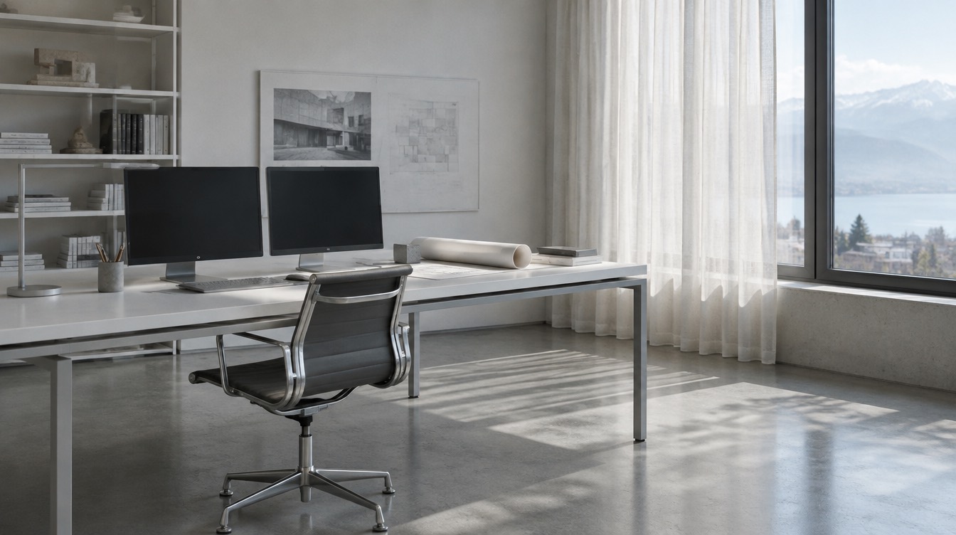 An empty design studio in daylight: long white desk, monitors off, concrete floor