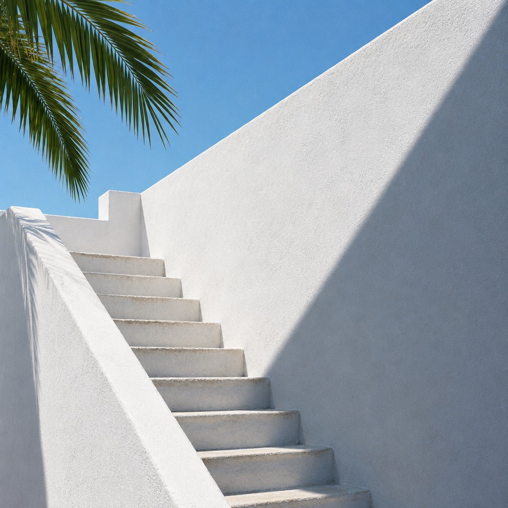A sunlit whitewashed modernist stair against a bright sky, hard shadow across the wall