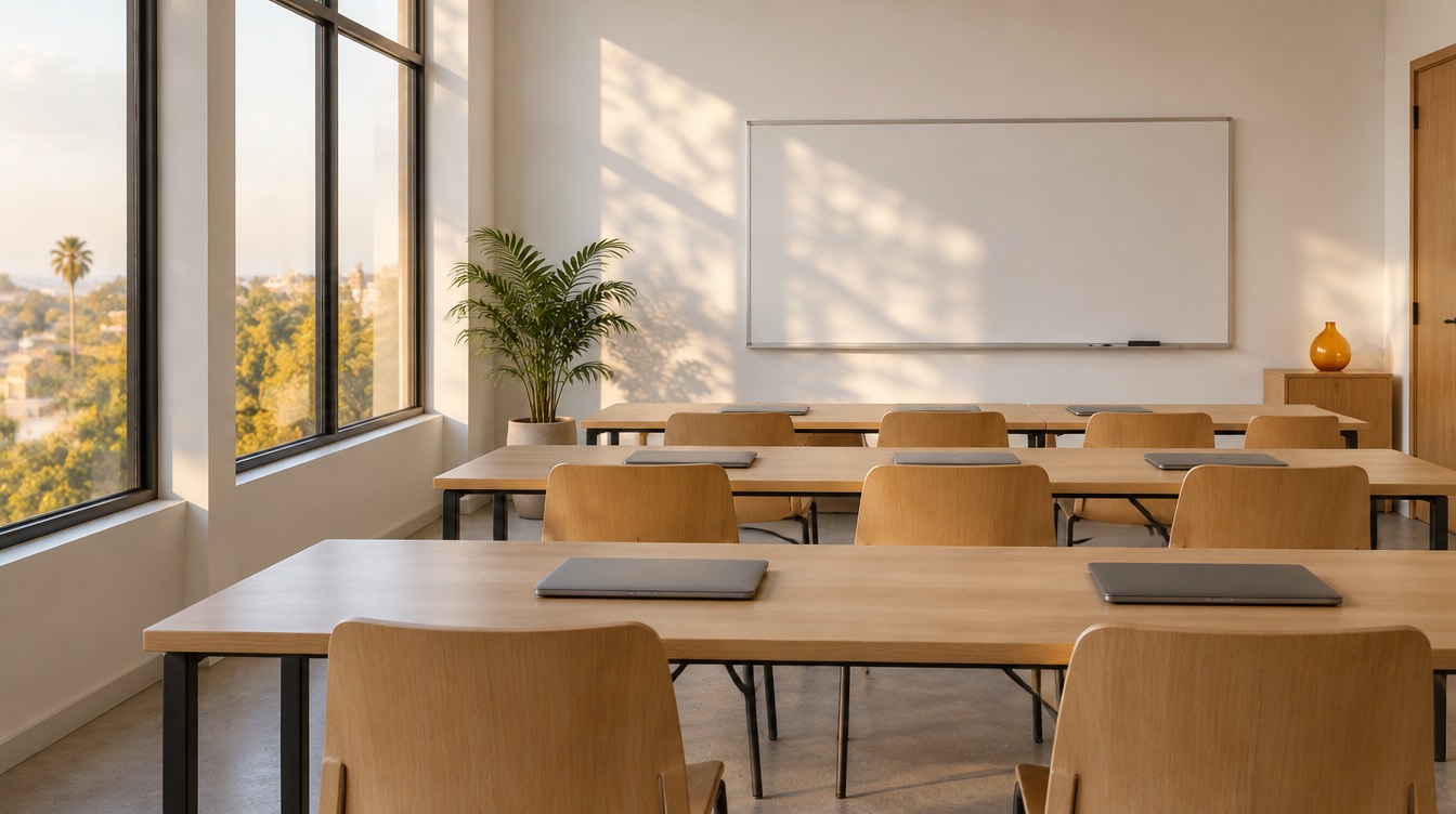A room set for a talk: light wood seating, tall windows, afternoon light