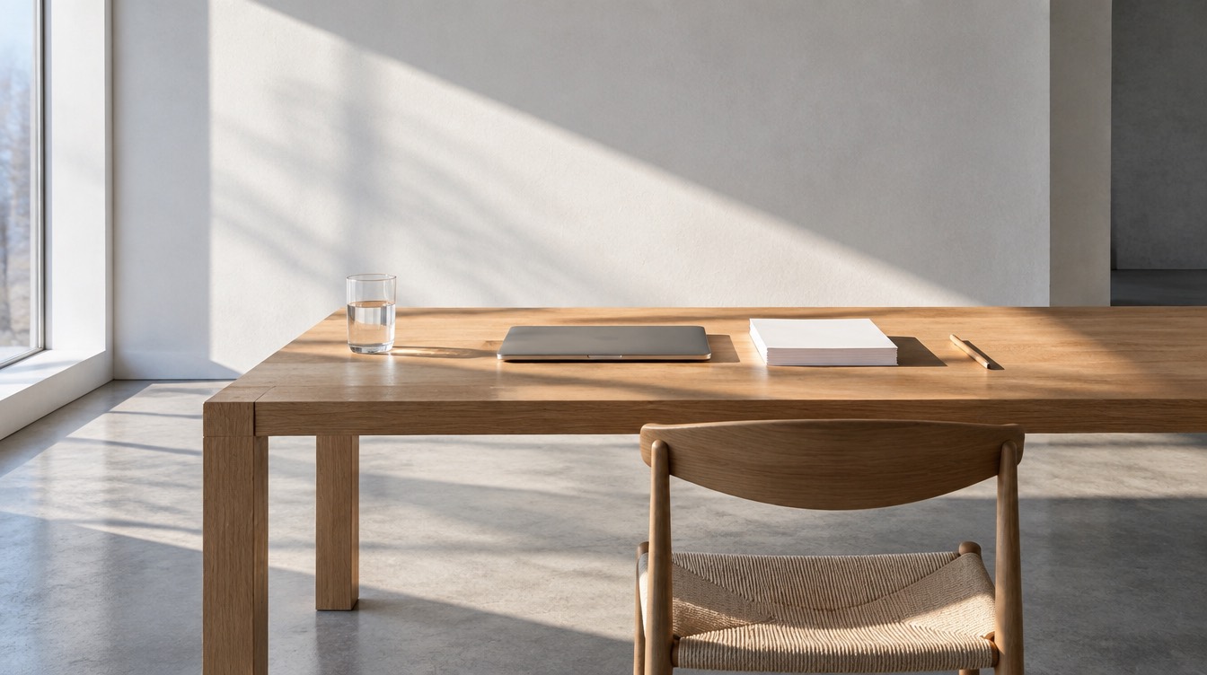 A plain oak desk in first light: closed laptop, a stack of paper, one pencil